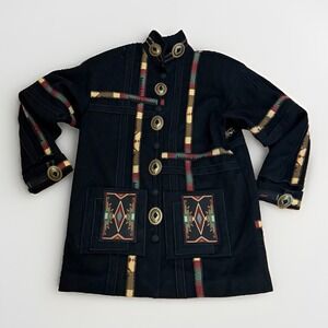 Vintage 90s Coloratura Navy Wool Southwestern Concho Coat Womens L